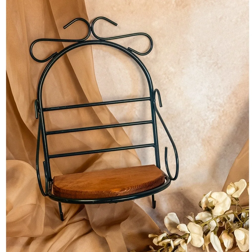 Green Metal Wall Hanging Shelf with Wooden Base